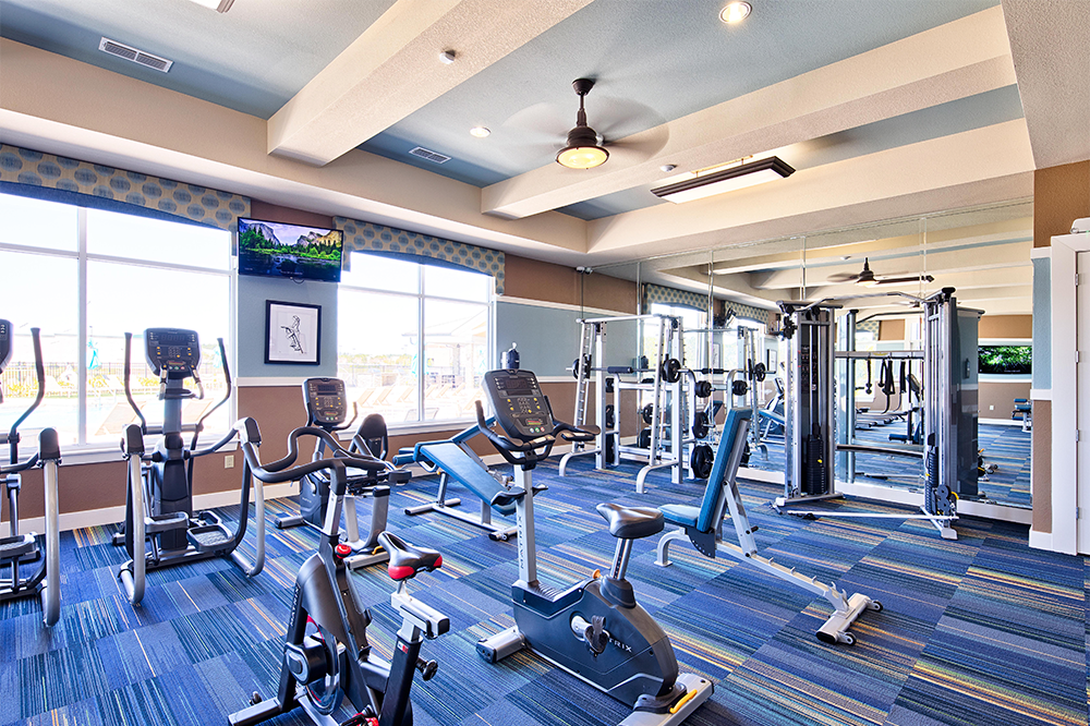 Modern gym room with large windows, several stationary bikes, treadmills, strength training machines, and wall mirrors. Perfect for market rate developments, the blue accent carpet and natural light create an inviting space.