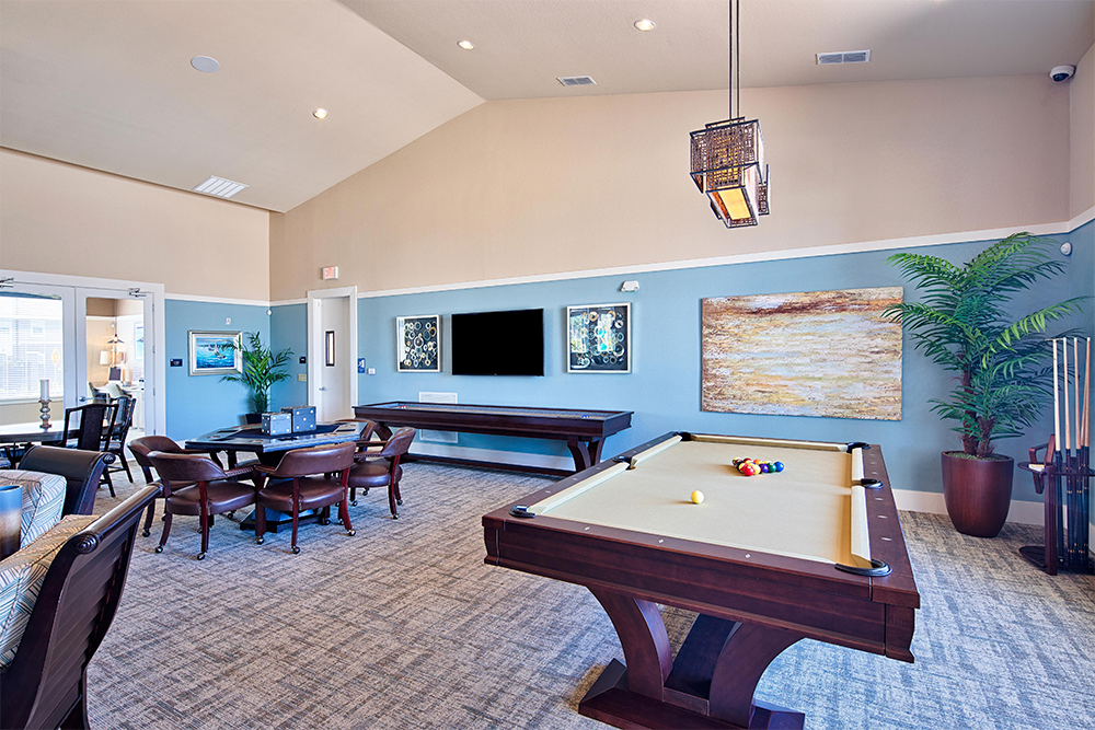 Modern game room with a pool table, card table, two large plants, wall art, and a TV mounted on a light blue accent wall—ideal for market rate developments or multifamily construction by experienced general contractors.