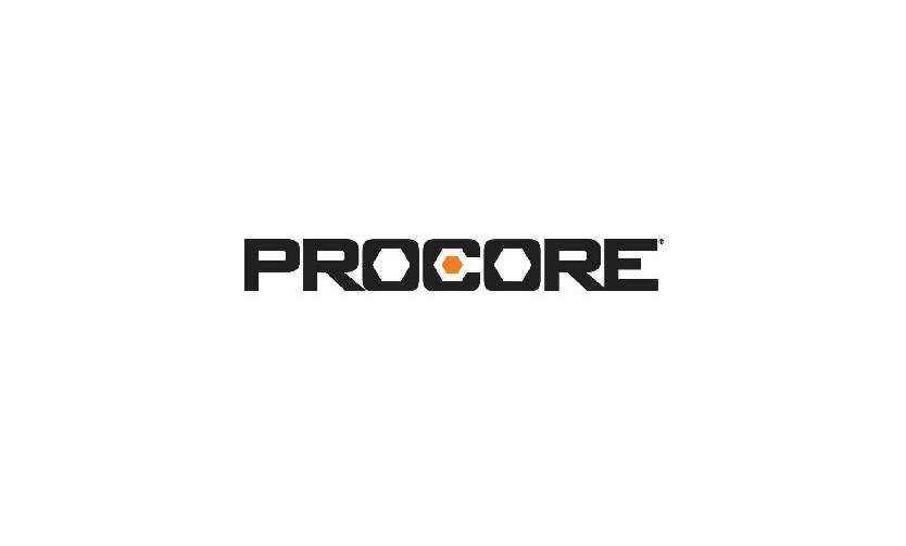 The Procore logo in black, featuring a stylized orange hexagon forming the letter "O" in the center, displayed on a white background—perfect for multifamily general contractors and market rate developments.