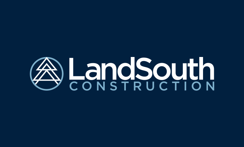 Logo for LandSouth Construction featuring a geometric tree design inside a circle, with the company name in bold white text on a dark blue background—perfect for multifamily general contractors and market rate developments.
